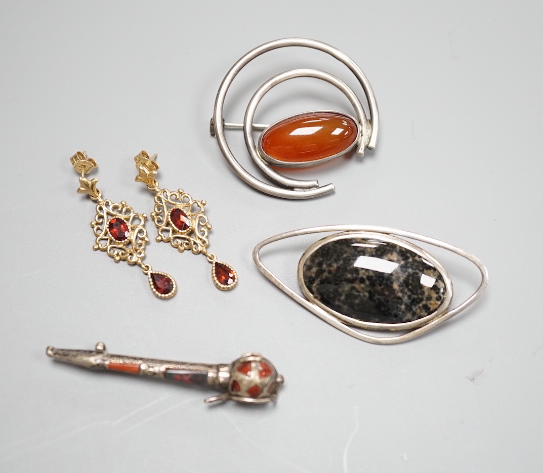 A modern pair of 9ct and gem set drop earrings and three white metal gem set brooches, including one silver and one set with Scottish hardstones.